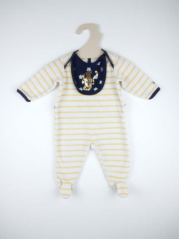 Petit Bateau Pyjama velours rayé jaune et blanc - 6 mois