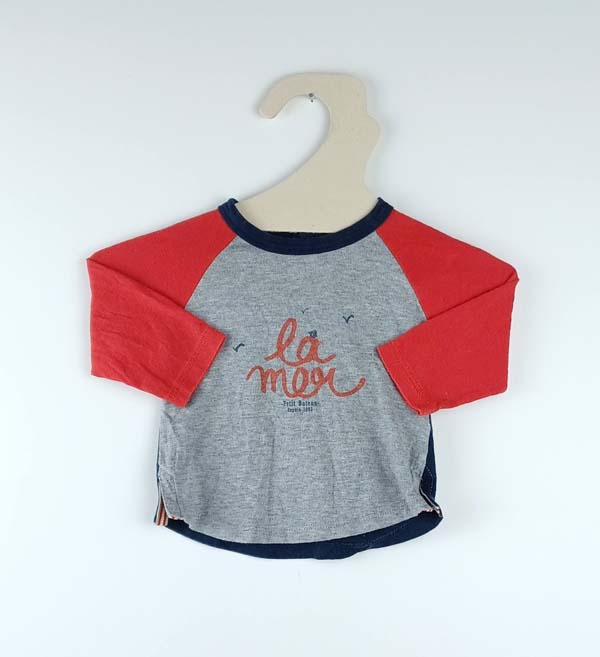 [220500144] Petit Bateau T-shirt LM 3 mois - gris et rouge